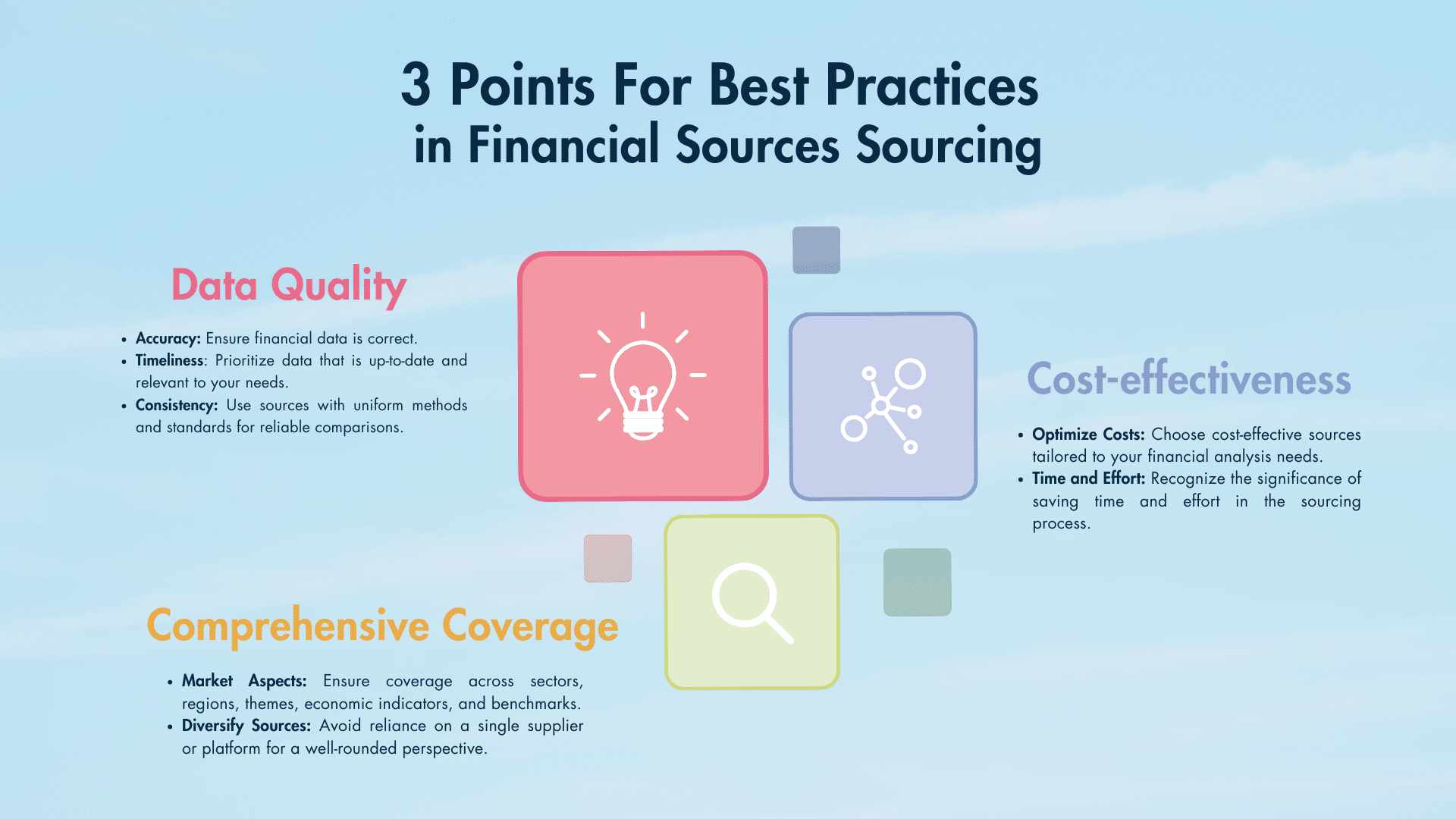 3 points for best practices in financial data sourcing: data quality, Cost-effectiveness, Comprehensive coverage